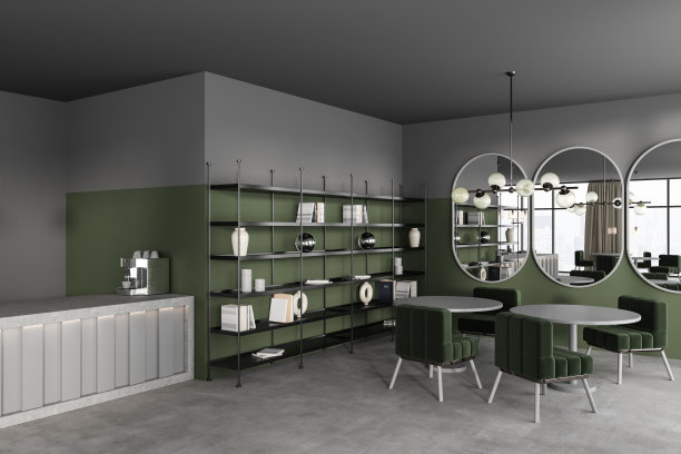 灰色咖啡馆内部的桌子和架子与吧台，全景窗口图片下载