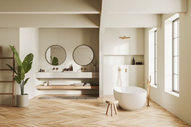 正面视图明亮的浴室内部与浴缸，淋浴图片下载