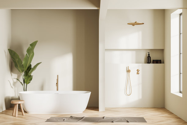 正面视图明亮的浴室内部与浴缸，淋浴图片下载