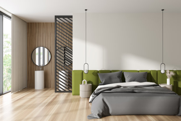 卧室内部有床和靠近窗户的两个脸盆。模型墙图片下载