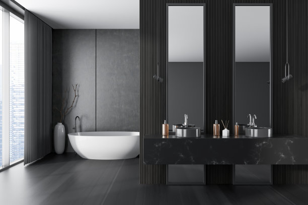 灰色浴室内部带浴缸和脸盆，全景窗图片下载