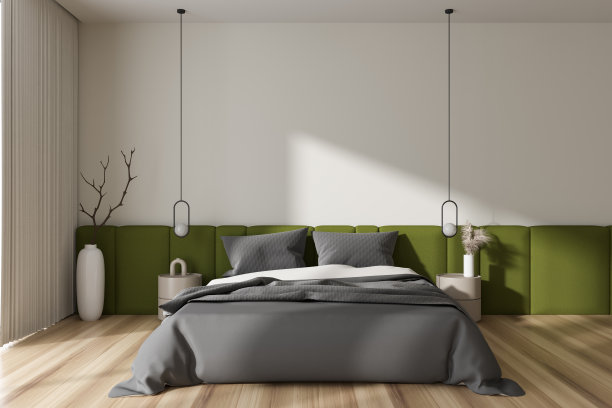 卧室内部有床和装饰。模型墙图片下载