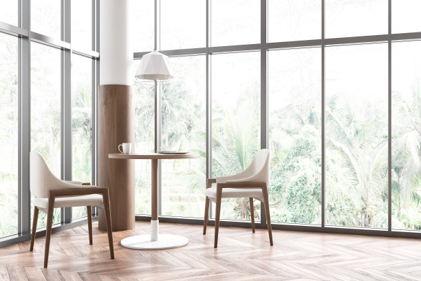 明亮的咖啡馆内部，全景窗户与乡村景观图片下载