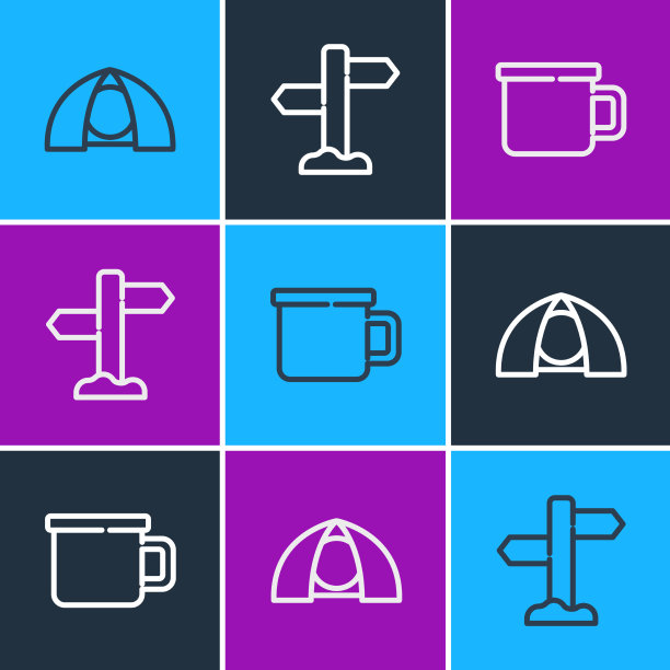 设置行旅游帐篷露营金属杯和道路图片下载