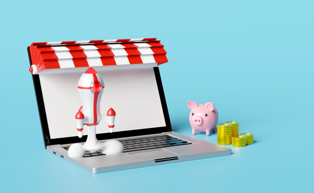 红白色的太空飞船或火箭在烟雾中发射，笔记本电脑，商店门口，储蓄罐，米色背景上孤立的硬币。启动模板或业务概念，3d插图或3d渲染图片下载