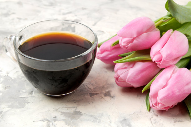 一束美丽的粉色郁金香，一杯咖啡放在浅色的混凝土背景上。春天。假期。图片下载