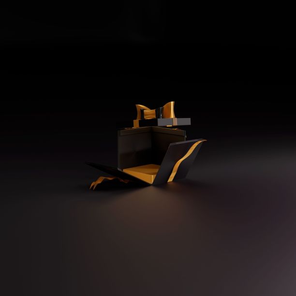 3d渲染一个闪亮的金色礼盒与黑色丝带和蝴蝶结的产品演示阶段图片下载