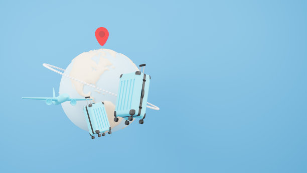 旅游概念，旅游旅行规划世界旅行行李与飞机和行李浅蓝色背景。三维渲染图片下载