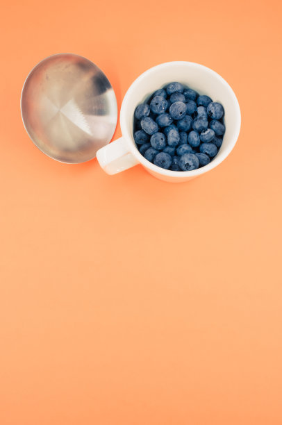 橙色桌面上的盘子上香甜可口的蓝莓的独立俯视图图片下载