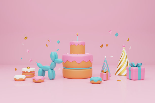 节日的背景。淡粉色和蓝色蛋糕，礼盒上的浅粉色背景。三维渲染图片下载