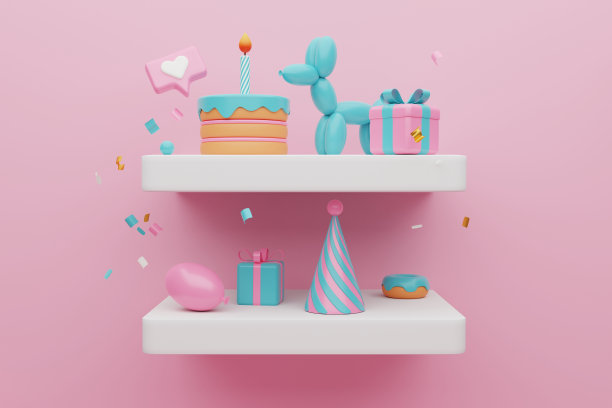 节日的背景。淡粉色和蓝色蛋糕，礼盒上的浅粉色背景。三维渲染图片下载