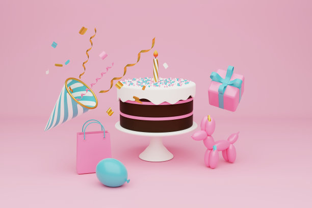 节日的背景。淡粉色和蓝色蛋糕，礼盒上的浅粉色背景。三维渲染图片下载