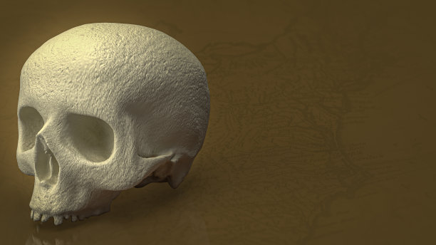 用于教育或科学概念3d渲染的古地图上的人类头骨图片下载