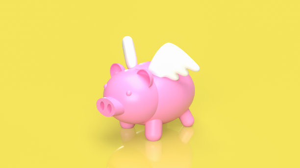 粉红色的小猪飞在黄色背景的储蓄或银行概念3d渲染图片下载
