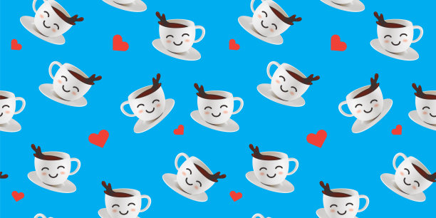 三维抽象无缝模式与快乐的咖啡杯字符在蓝色背景与心。咖啡横幅的3d设计图片下载