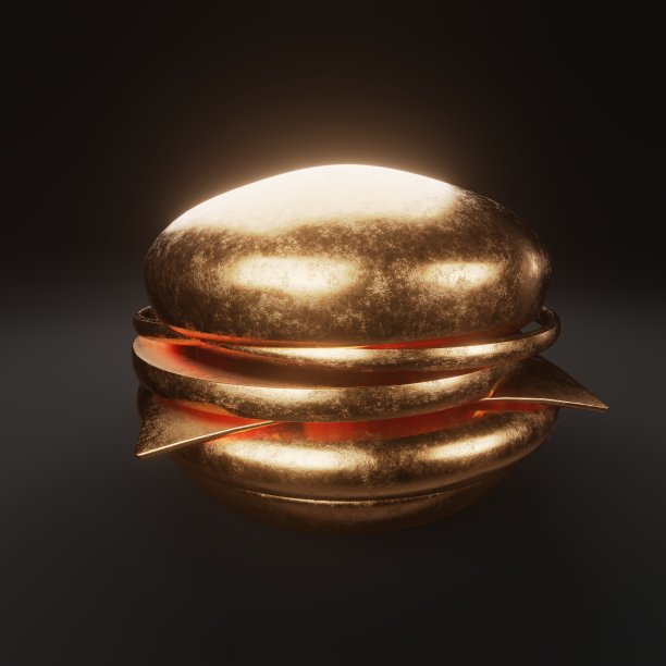 金色闪闪的汉堡在黑暗孤立的背景3d渲染图片下载