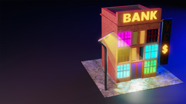 3D渲染的银行建筑在黑暗的背景与霓虹灯标志和美元标志。银行及自动柜员机提供网上服务。夜间街景的银行与自动取款机。图片下载