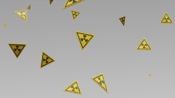 三维渲染辐射标志的图案。背景概念的设计警告通知的生产。灰色背景上的辐射标志。放射性物质泄漏。有毒区域警告。图片下载