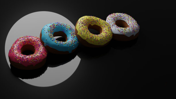 3D渲染明亮的甜甜圈在彩色釉上洒在黑色光泽的背景。明亮美味的甜甜圈，用于创建菜单设计，餐厅和咖啡馆，在线配送平台。图片下载