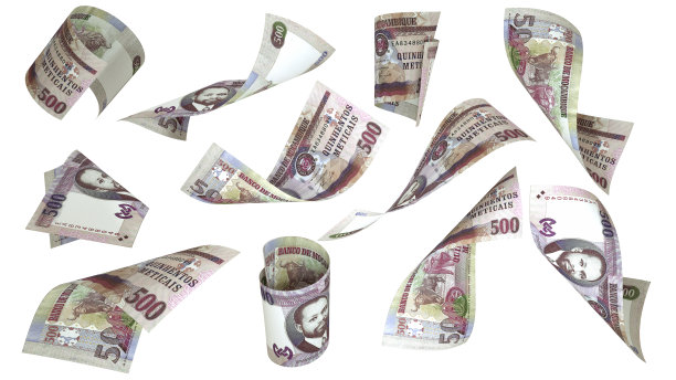 500个莫桑比克梅蒂克纸币在不同角度和方向上飞行的3D渲染，孤立在白色背景上图片下载