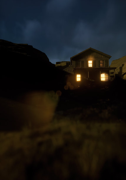 木质小屋，在暮色中岩石景观中有明亮的窗户。3 d渲染。图片下载