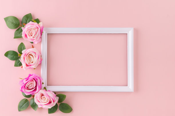 快乐的妇女节装饰概念，由玫瑰花的地方周围框架图片在粉彩背景。图片下载