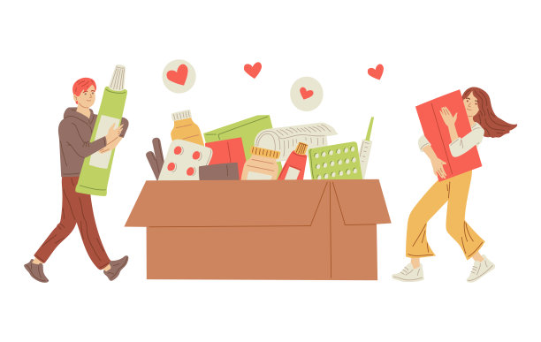 快乐的小男孩和小女孩把药品放在巨大的纸板箱里图片下载