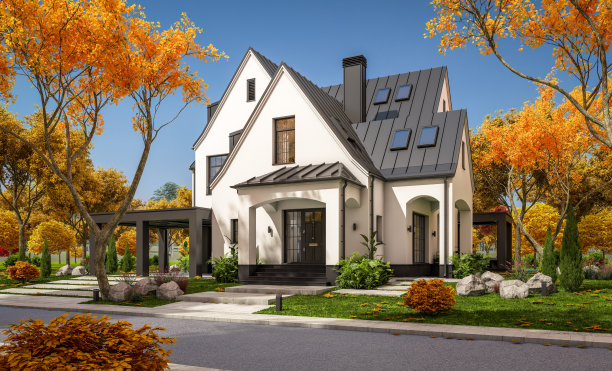 三维渲染的白色和黑色现代都铎房屋在秋天的一天图片下载