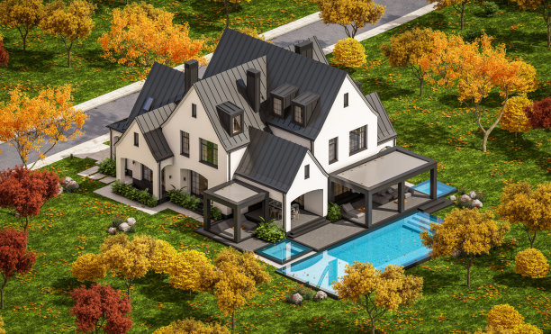 三维渲染的白色和黑色现代都铎房屋在秋天的一天图片下载