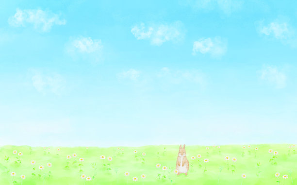 背景插图的田野与蓝天和一只野兔子。图片下载