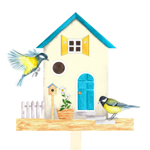 手绘水彩鸟笼与山雀图片下载