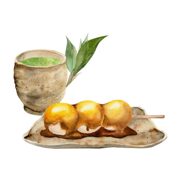 水彩手绘的日本传统糖果。陶瓷碟，茶和叶子。孤立在白色背景上。设计邀请函，餐厅菜单，贺卡，印刷，纺织图片下载