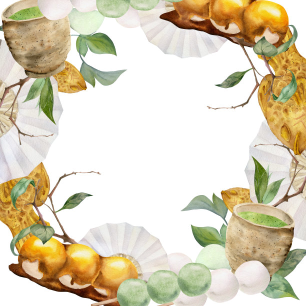 水彩手绘的日本传统糖果。圈花环的和果，太烧，茶，叶子。孤立在白色背景上。设计邀请函，餐厅菜单，贺卡，印刷，纺织图片下载