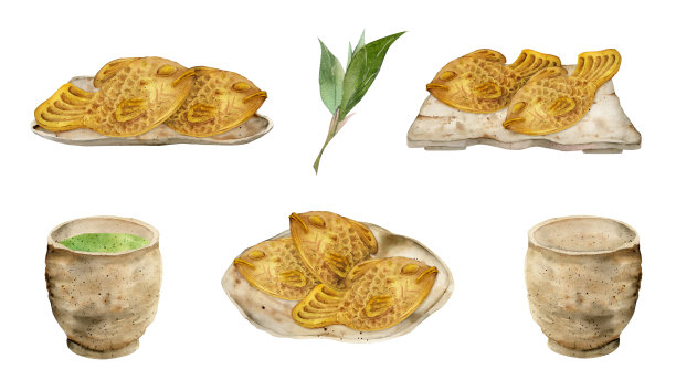 水彩手绘的日本传统糖果。一套作品与和果，太烧，茶，框架。孤立在白色背景上。请柬餐厅菜单贺卡印花纺织品图片下载