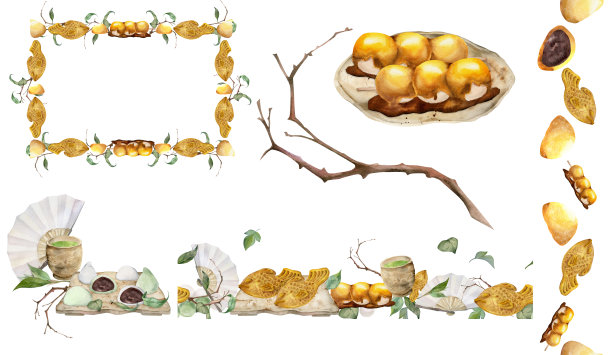 水彩手绘的日本传统糖果。一套作品与和果，太烧，茶，框架。孤立在白色背景上。请柬餐厅菜单贺卡印花纺织品图片下载