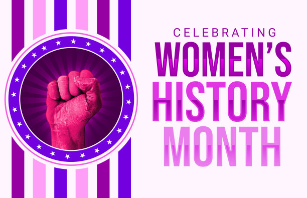纪念妇女历史月与粉红色和紫色的背景设有拳头和创意排版-一个完美的背景为妇女的月图片下载