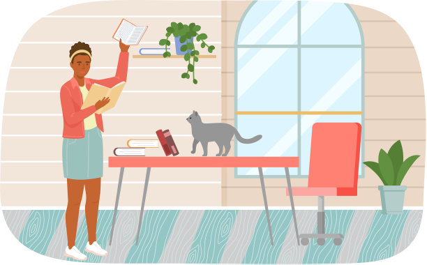 年轻的女人看书站在桌子旁边，在客厅里的一堆书，在家里学习图片下载