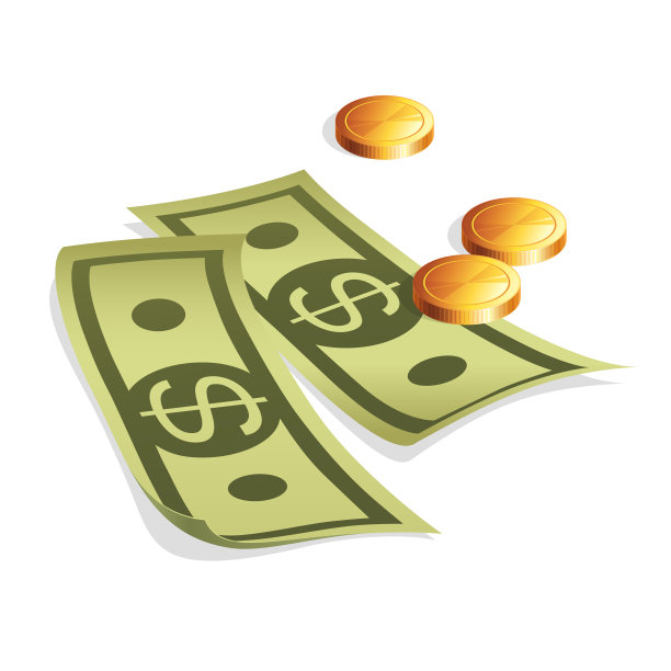 货币:绿色的美国纸币和白色背景的金币。向量的象征。图片下载