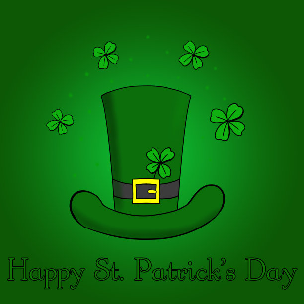圣帕特里克节贺卡。小妖精的帽子和绿色背景的三叶草叶子图片下载
