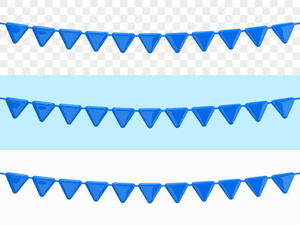 蓝色旗帜的花环。节日派对装饰设计。现实的3d设计模板，塑料卡通风格。隔离在透明，绿色和白色背景。三维矢量图图片下载