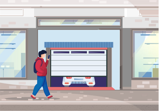 一名男子站在有自动门的车库附近。车辆储存空间，运输场所，汽车图片下载