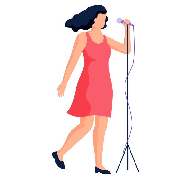 年轻美丽的女孩在音乐会或音乐课上对着麦克风唱歌孤立的矢量歌手图片下载