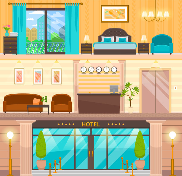 豪华入口，前台，舒适的卧室，客厅。豪华酒店室内设计图片下载