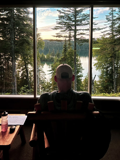 可以看到苏必利尔湖和绿色森林的小屋图片下载