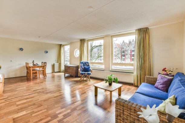 一间有蓝色沙发和窗户的客厅图片下载