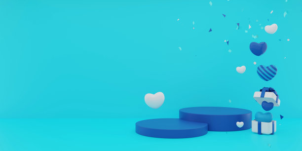 3D渲染礼盒与蓝心气球产品展示舞台展示横幅。图片下载