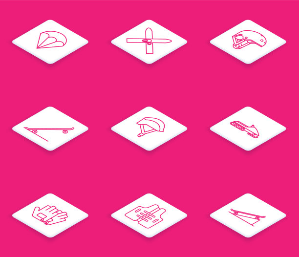 设置线降落伞滑雪板和棍棒头盔图片下载