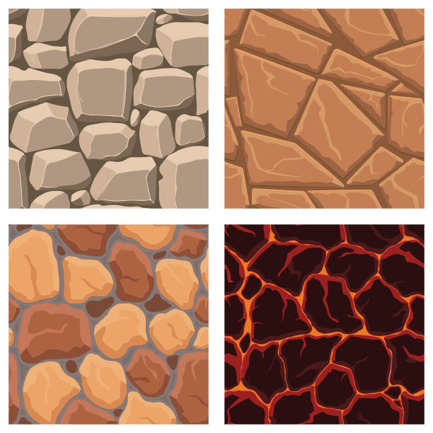 卡通游戏纹理，熔岩，岩石和砖块，泥土和地面表面无缝模式。游戏资产墙壁和环境背景图片下载