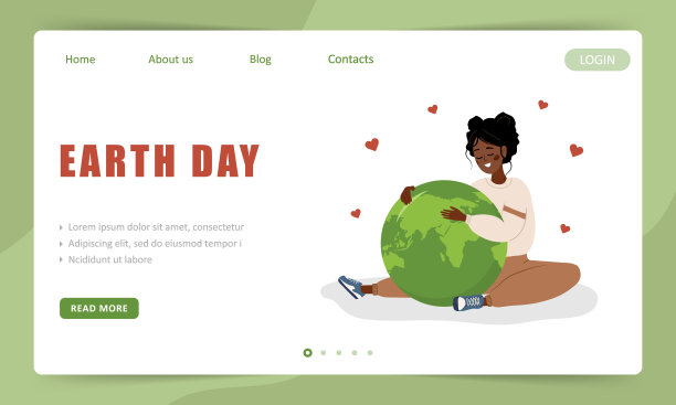 地球日登陆页面模板。可爱的非洲女孩抱着星球的关心和爱。完美的网页设计，商业演示和营销。矢量插图在平面卡通风格图片下载