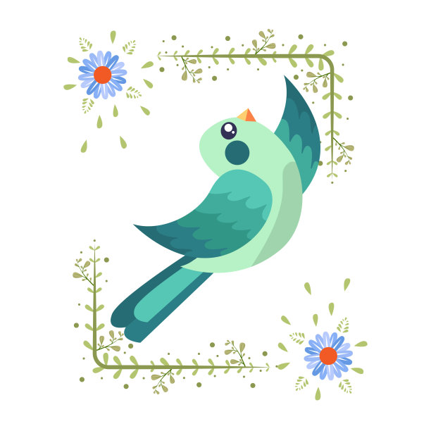 孤立的可爱的鸟在花框架矢量图片下载